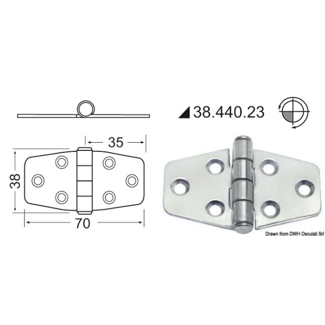 Scharnier herausragender Kern 2 mm 70x38 mm 