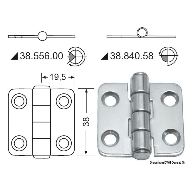 Scharnier herausragender Kern 38x39 mm 
