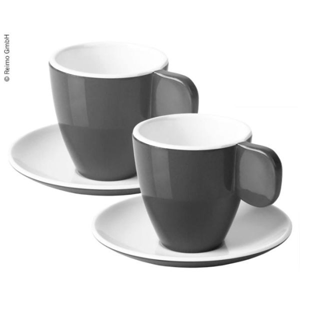 Melamin Espresso-Tassen, 2er-Set, anthrazit/weiß, 2 Tassen + 2 Untertassen      